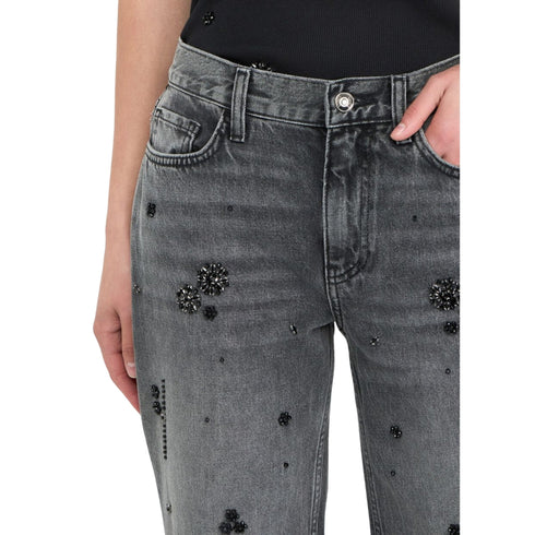 Jeans Donna straight con strass denim grigio dettaglio frontale